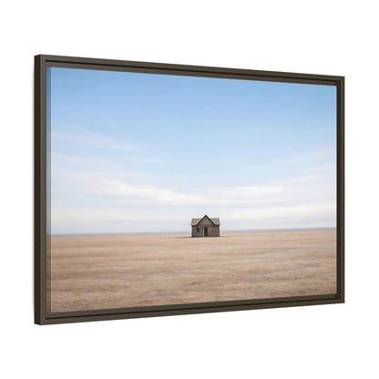 Side Mockup 11. Nature Deserted House Blue And Brown Landscape shown as stretched canvas wall art
