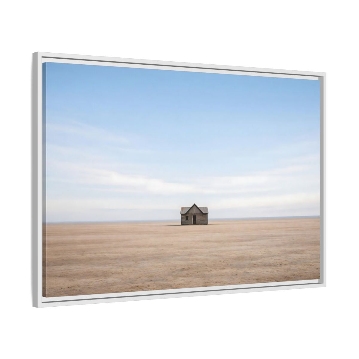 Side Mockup 9. Nature Deserted House Blue And Brown Landscape shown as stretched canvas wall art