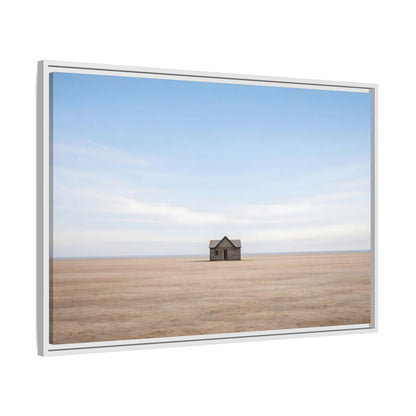 Side Mockup 9. Nature Deserted House Blue And Brown Landscape shown as stretched canvas wall art