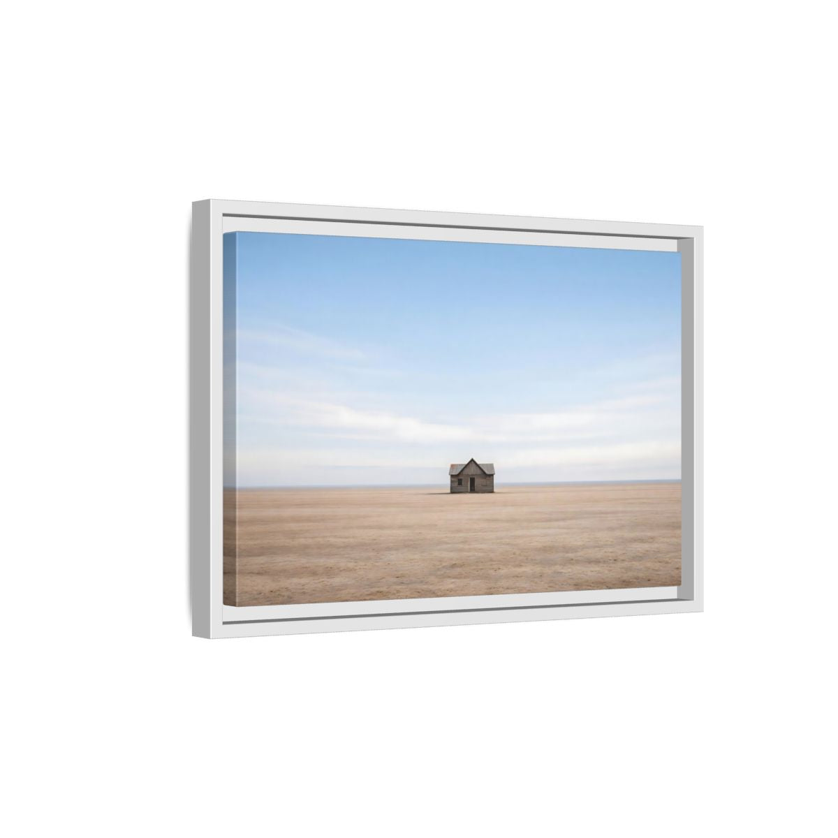 Side Mockup 4. Nature Deserted House Blue And Brown Landscape shown as stretched canvas wall art