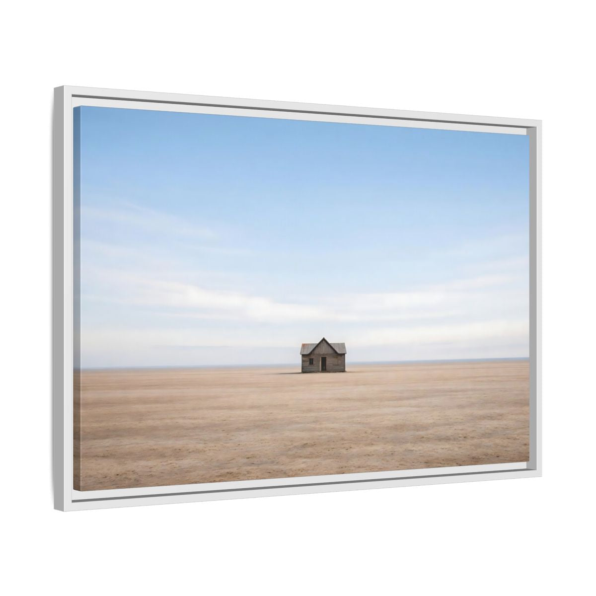 Side Mockup 10. Nature Deserted House Blue And Brown Landscape shown as stretched canvas wall art