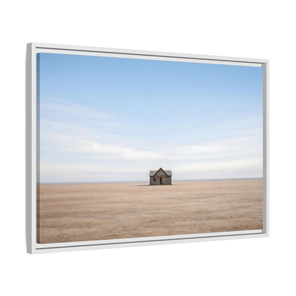 Side Mockup 10. Nature Deserted House Blue And Brown Landscape shown as stretched canvas wall art