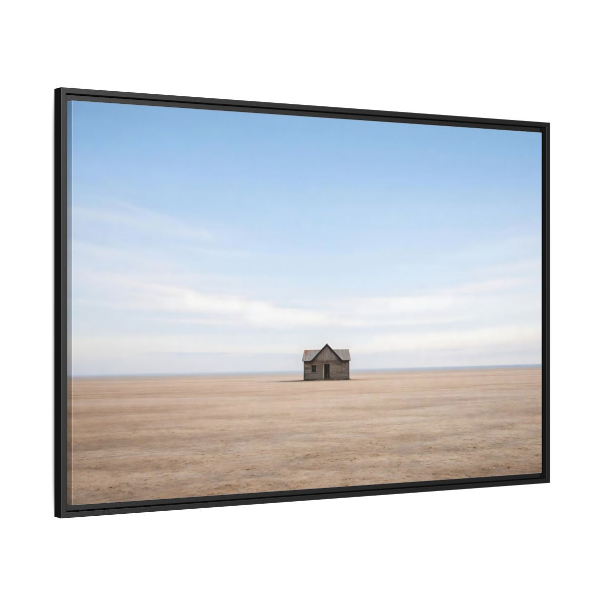 Side Mockup 12. Nature Deserted House Blue And Brown Landscape shown as stretched canvas wall art