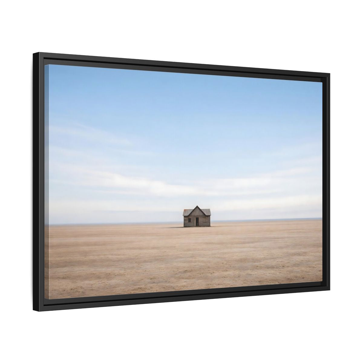 Side Mockup 14. Nature Deserted House Blue And Brown Landscape shown as stretched canvas wall art