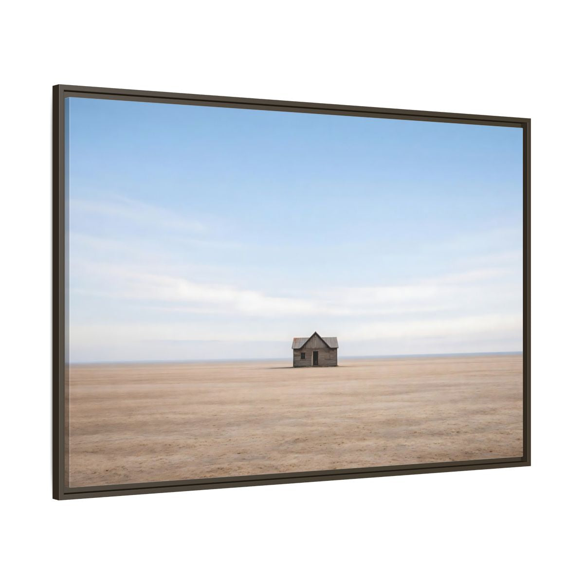 Side Mockup 8. Nature Deserted House Blue And Brown Landscape shown as stretched canvas wall art