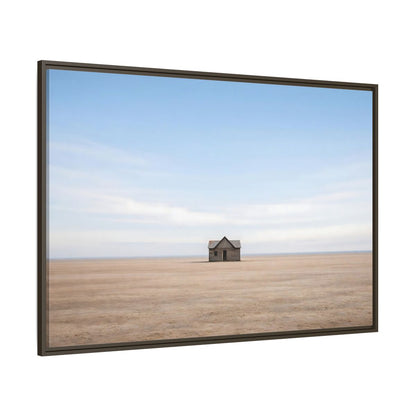 Side Mockup 8. Nature Deserted House Blue And Brown Landscape shown as stretched canvas wall art