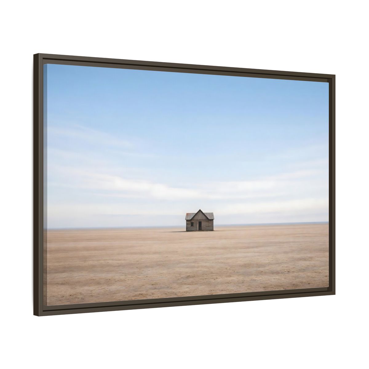 Main Mockup. Nature Deserted House Blue And Brown Landscape shown as stretched canvas wall art