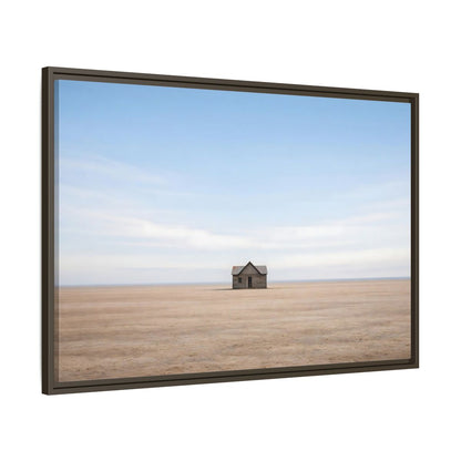 Main Mockup. Nature Deserted House Blue And Brown Landscape shown as stretched canvas wall art