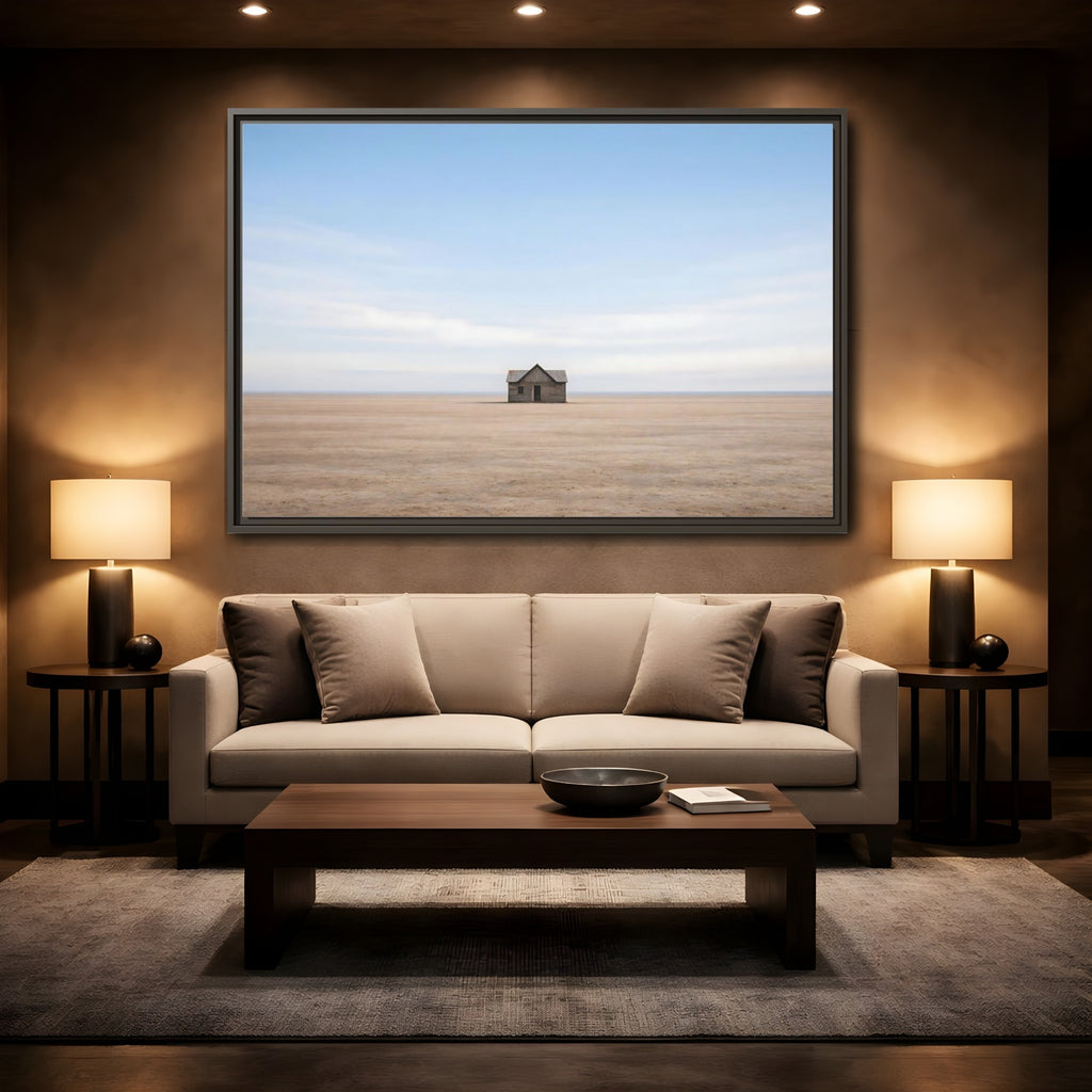 Mockup 2. Nature Deserted House Blue And Brown Landscape shown as stretched canvas wall art