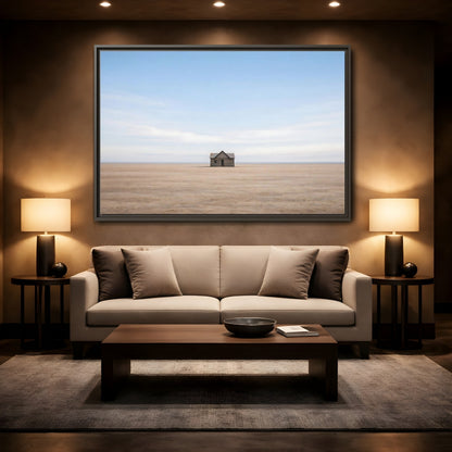 Mockup 2. Nature Deserted House Blue And Brown Landscape shown as stretched canvas wall art