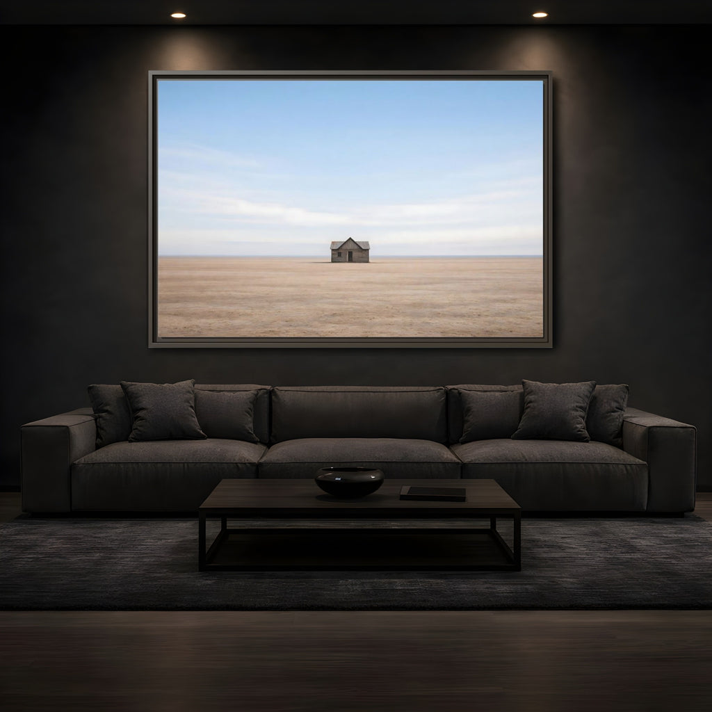 Mockup 3. Nature Deserted House Blue And Brown Landscape shown as stretched canvas wall art