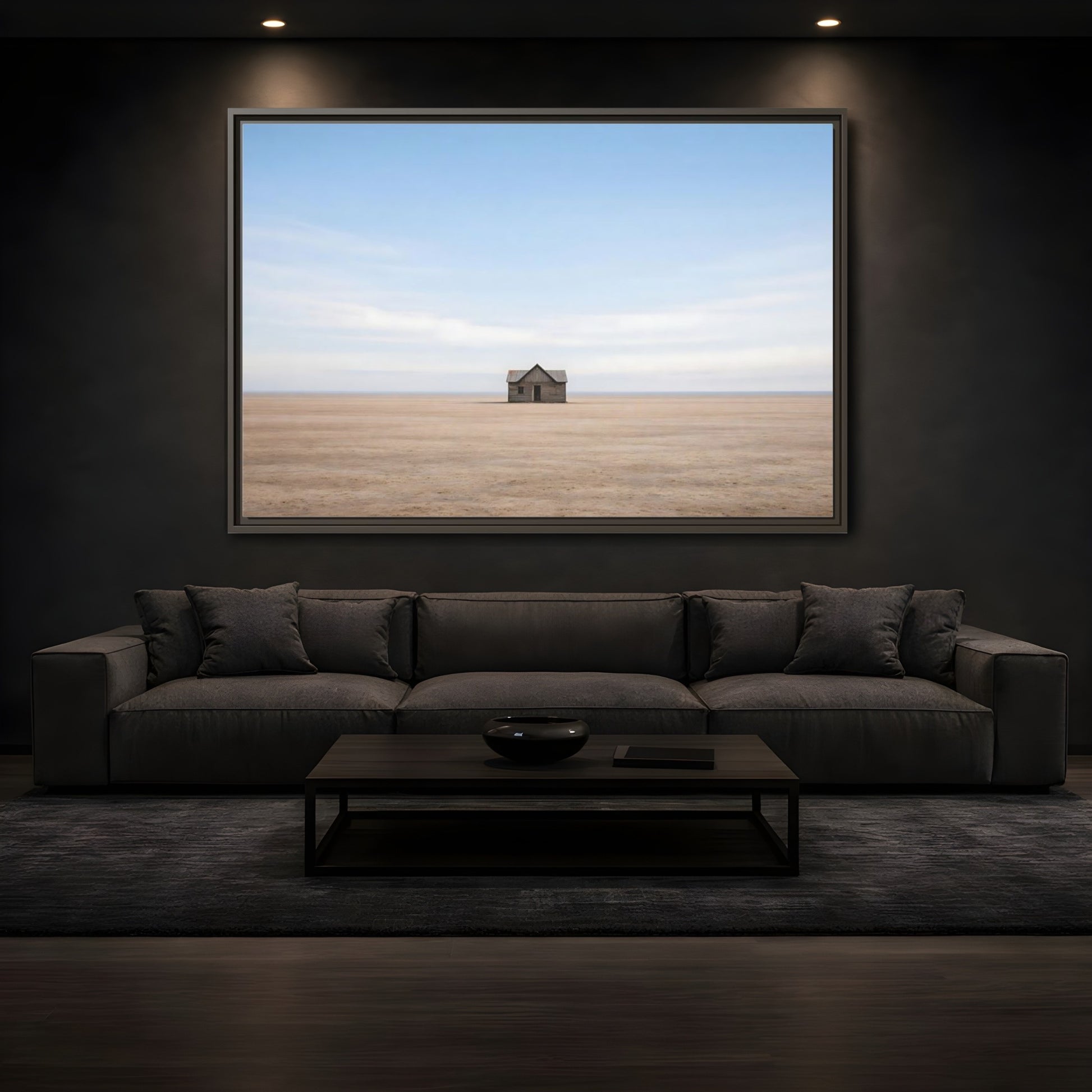 Mockup 3. Nature Deserted House Blue And Brown Landscape shown as stretched canvas wall art