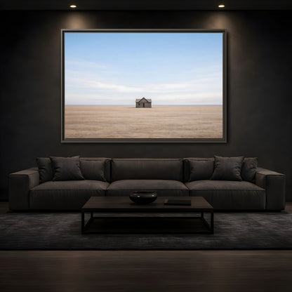 Mockup 3. Nature Deserted House Blue And Brown Landscape shown as stretched canvas wall art