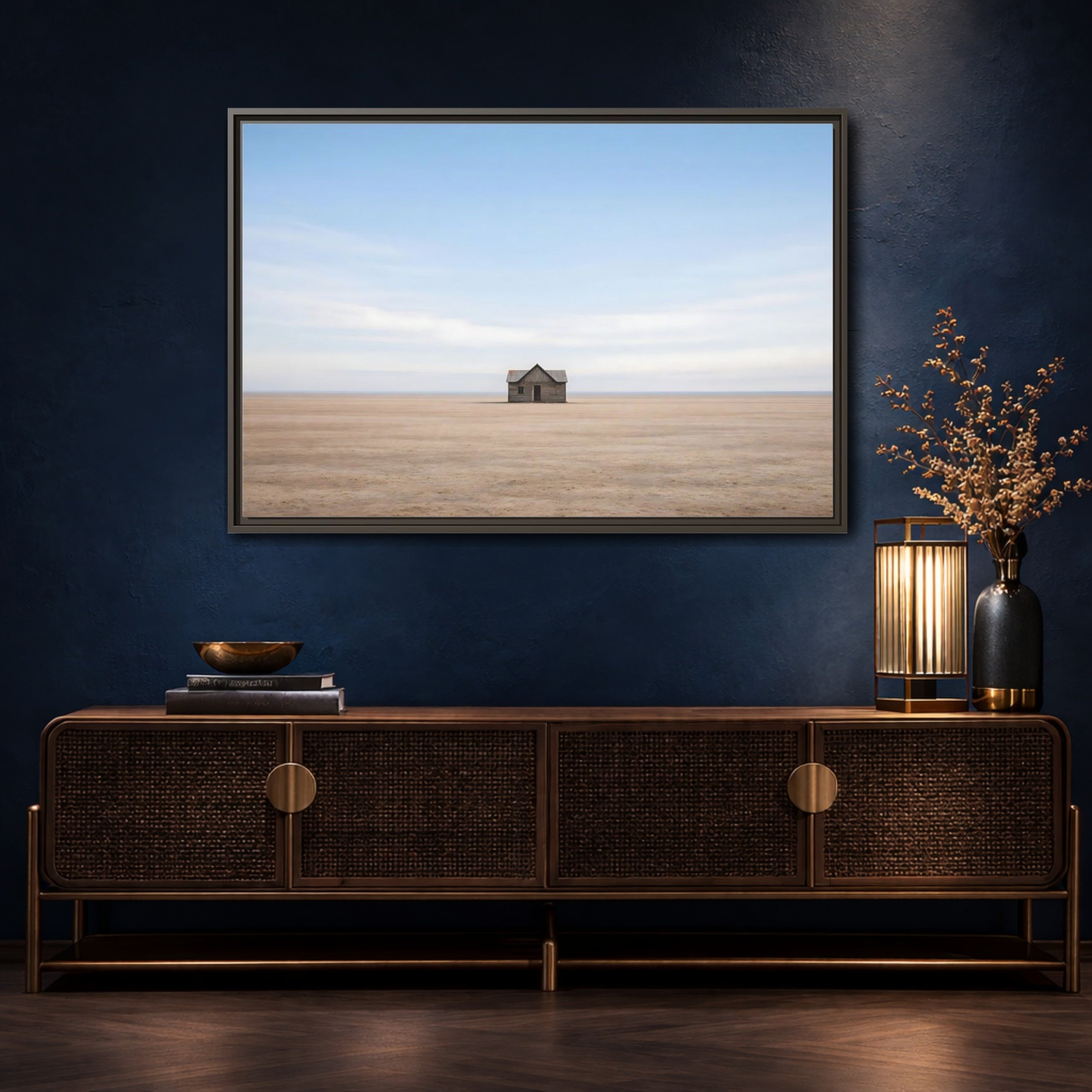 Mockup 4. Nature Deserted House Blue And Brown Landscape shown as stretched canvas wall art