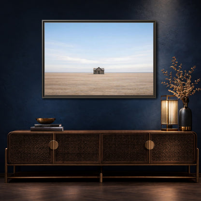 Mockup 4. Nature Deserted House Blue And Brown Landscape shown as stretched canvas wall art