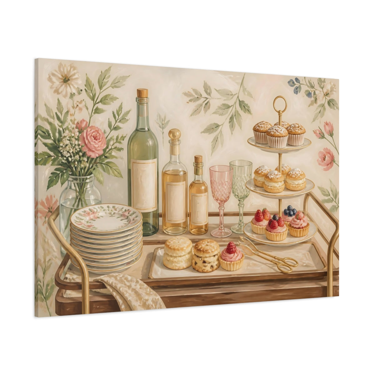 Side Mockup 1. Nature Dessert Cart Cream Floral Desserts shown as stretched canvas wall art