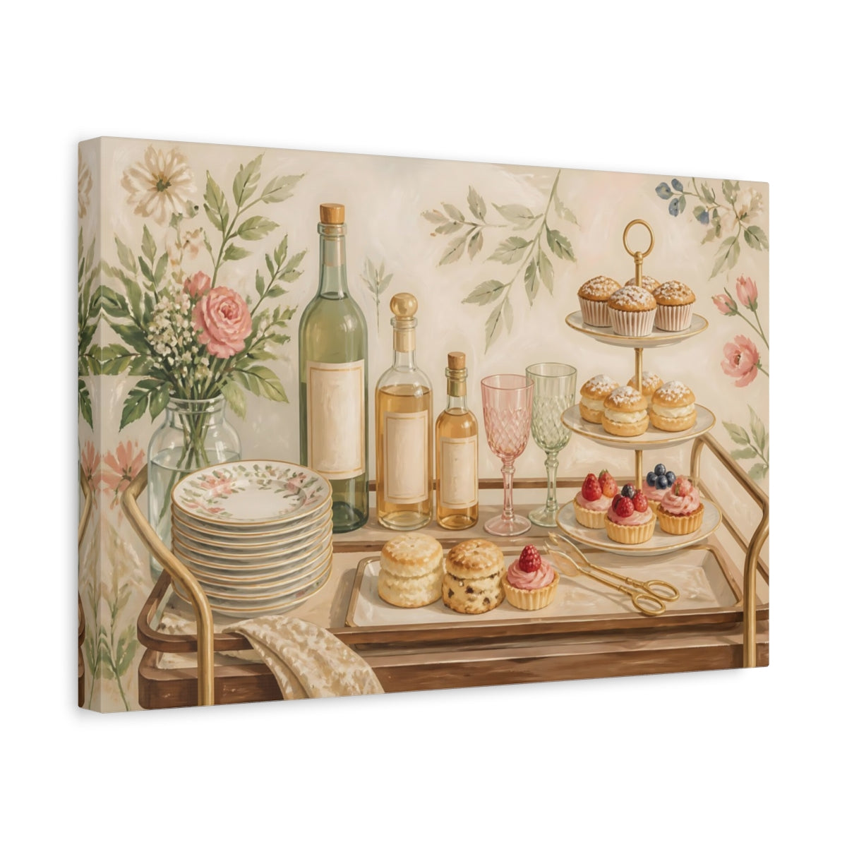Side Mockup 4. Nature Dessert Cart Cream Floral Desserts shown as stretched canvas wall art