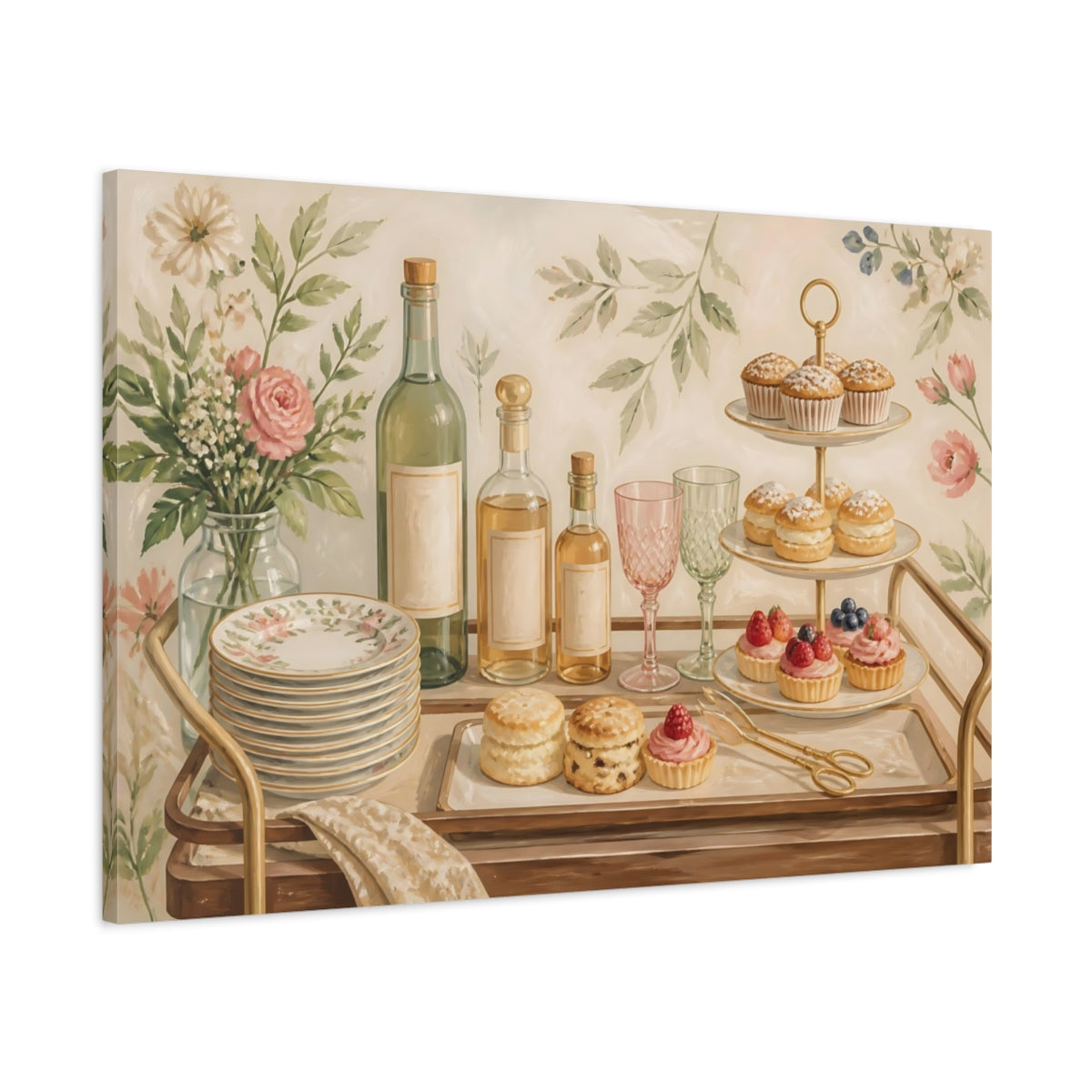 Main Mockup. Nature Dessert Cart Cream Floral Desserts shown as stretched canvas wall art