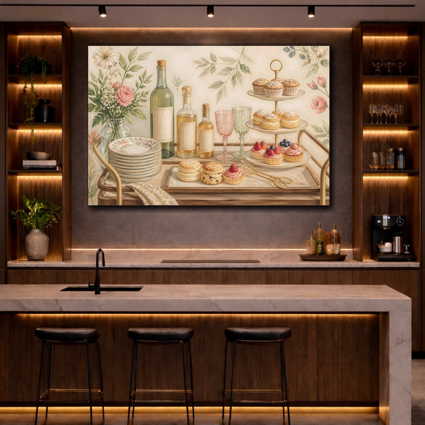 Mockup 2. Nature Dessert Cart Cream Floral Desserts shown as stretched canvas wall art