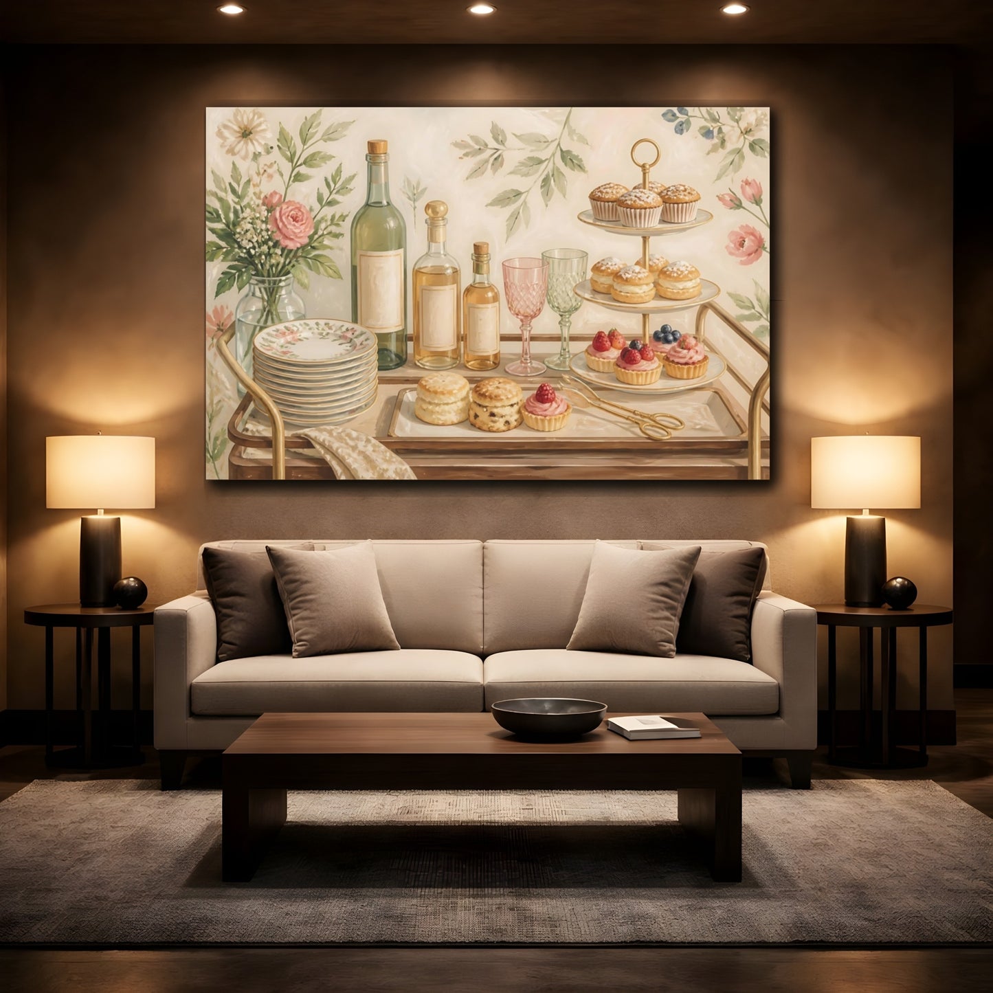 Mockup 3. Nature Dessert Cart Cream Floral Desserts shown as stretched canvas wall art