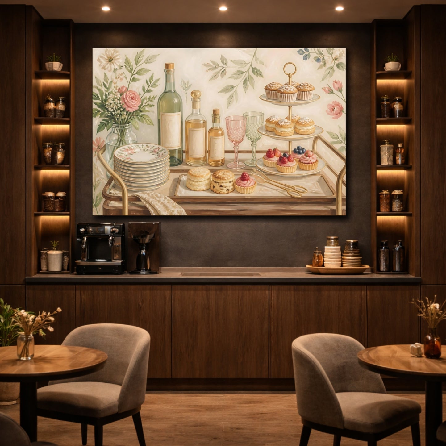 Mockup 4. Nature Dessert Cart Cream Floral Desserts shown as stretched canvas wall art