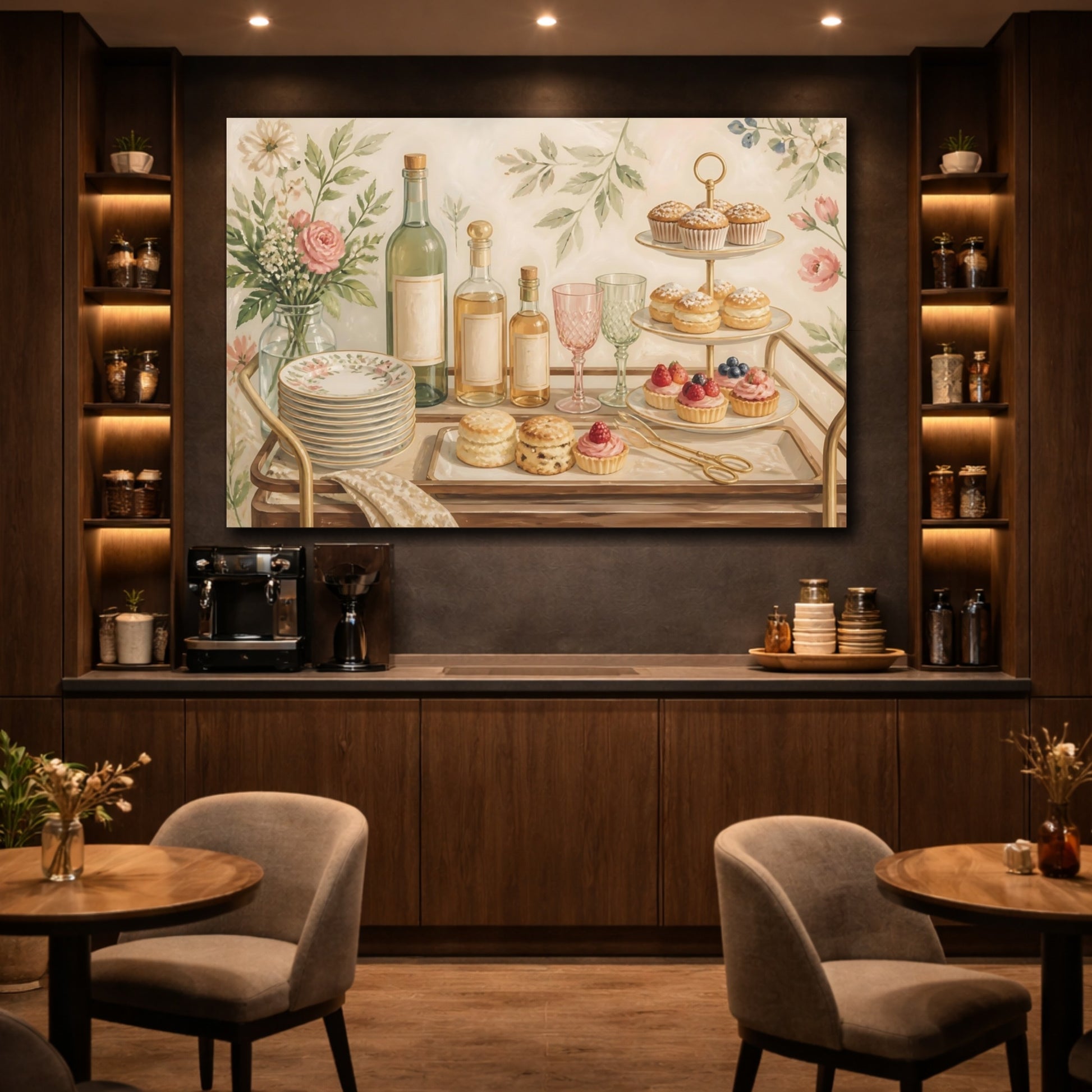 Mockup 4. Nature Dessert Cart Cream Floral Desserts shown as stretched canvas wall art
