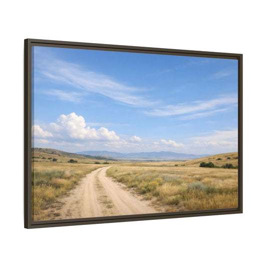 Main Mockup. Nature Dirt Road Blue Sky Landscape shown as stretched canvas wall art