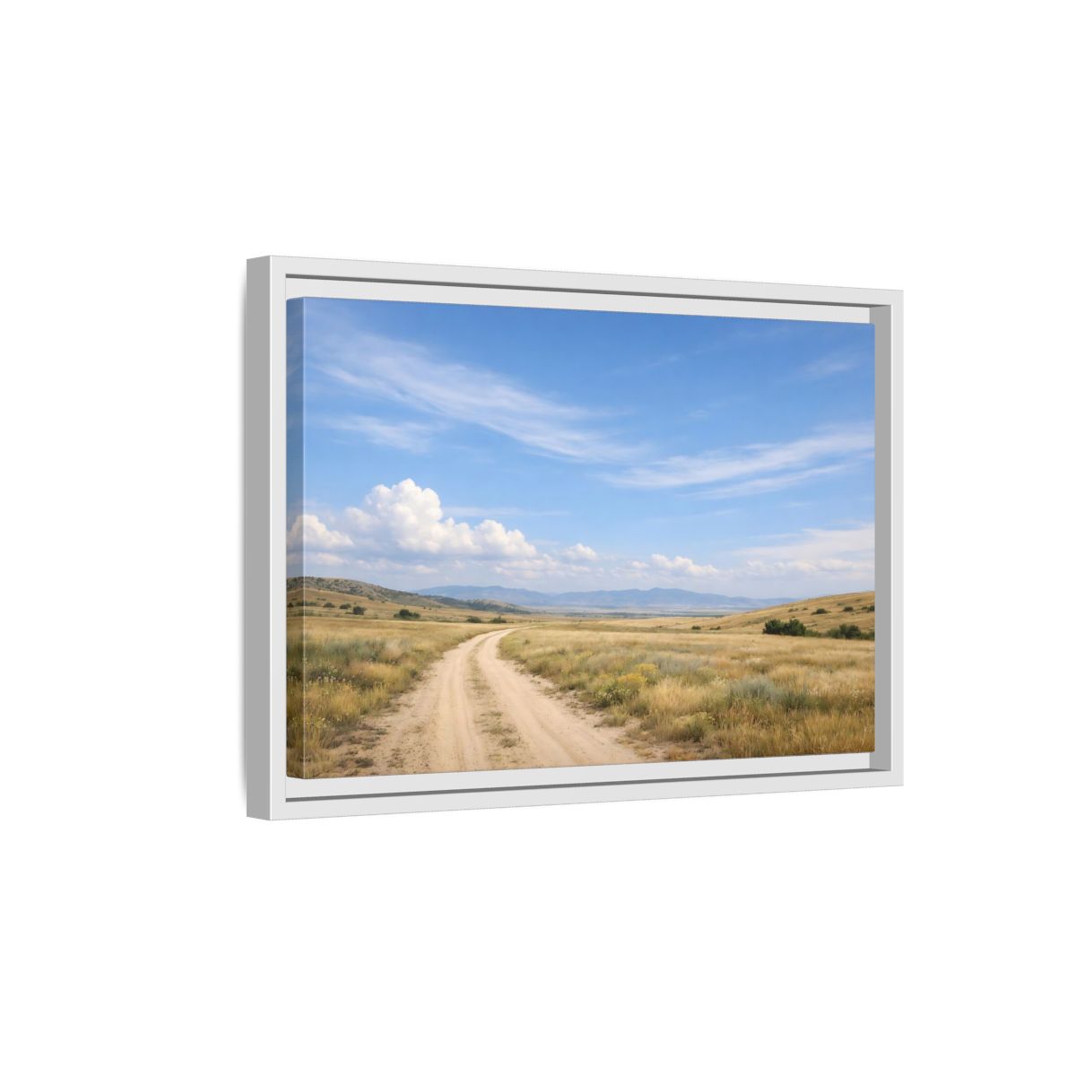 Side Mockup 4. Nature Dirt Road Blue Sky Landscape shown as stretched canvas wall art