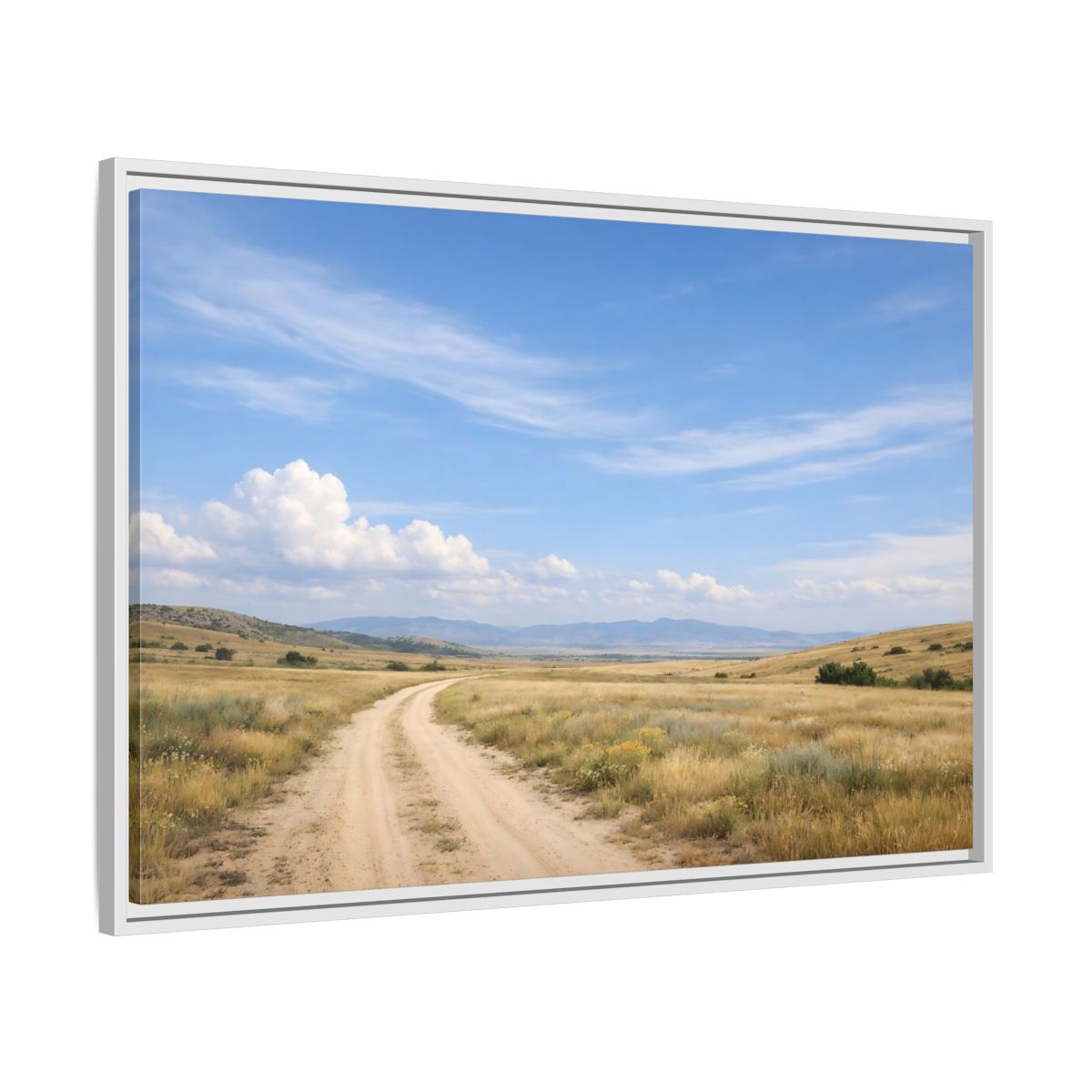 Side Mockup 9. Nature Dirt Road Blue Sky Landscape shown as stretched canvas wall art