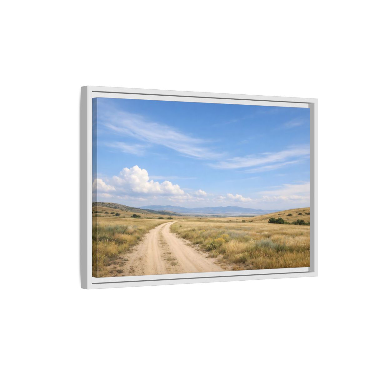 Side Mockup 1. Nature Dirt Road Blue Sky Landscape shown as stretched canvas wall art