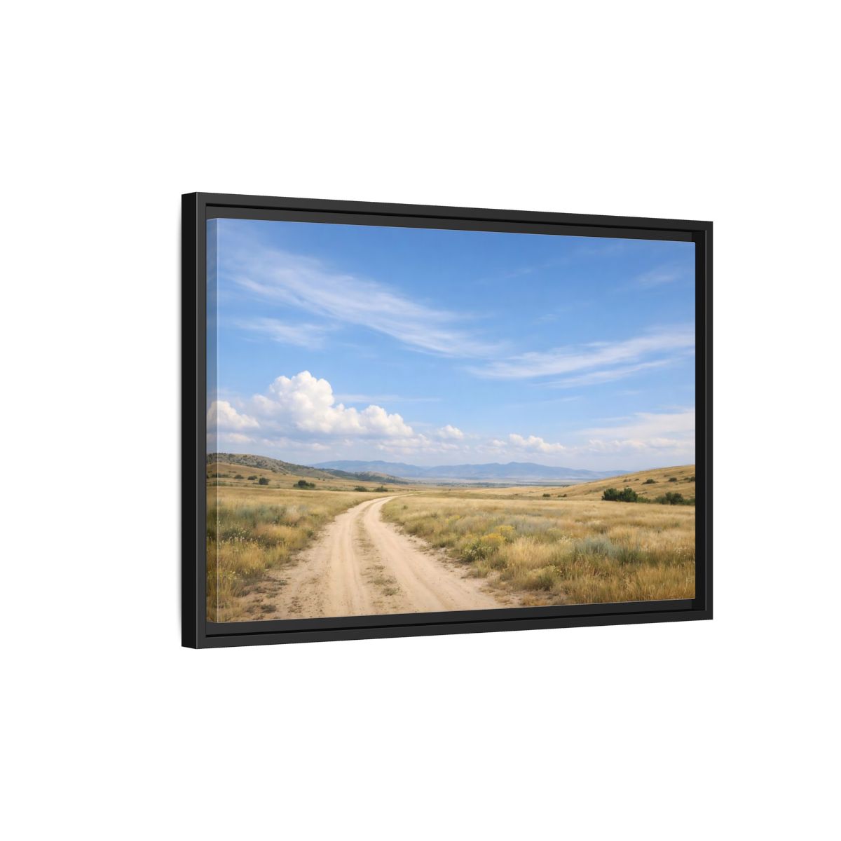 Side Mockup 3. Nature Dirt Road Blue Sky Landscape shown as stretched canvas wall art
