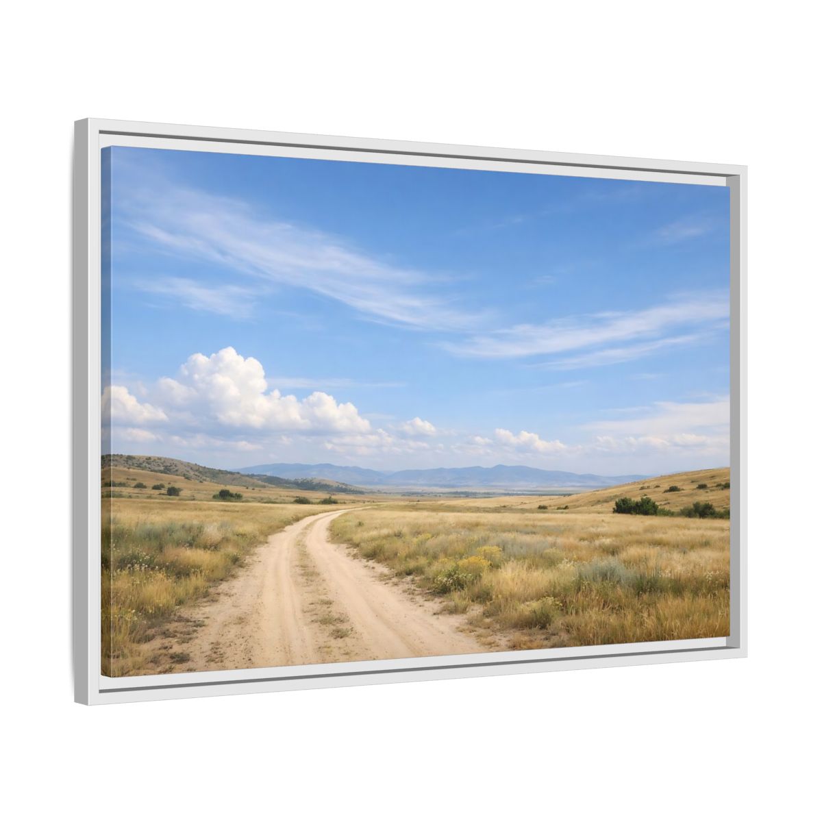 Side Mockup 10. Nature Dirt Road Blue Sky Landscape shown as stretched canvas wall art
