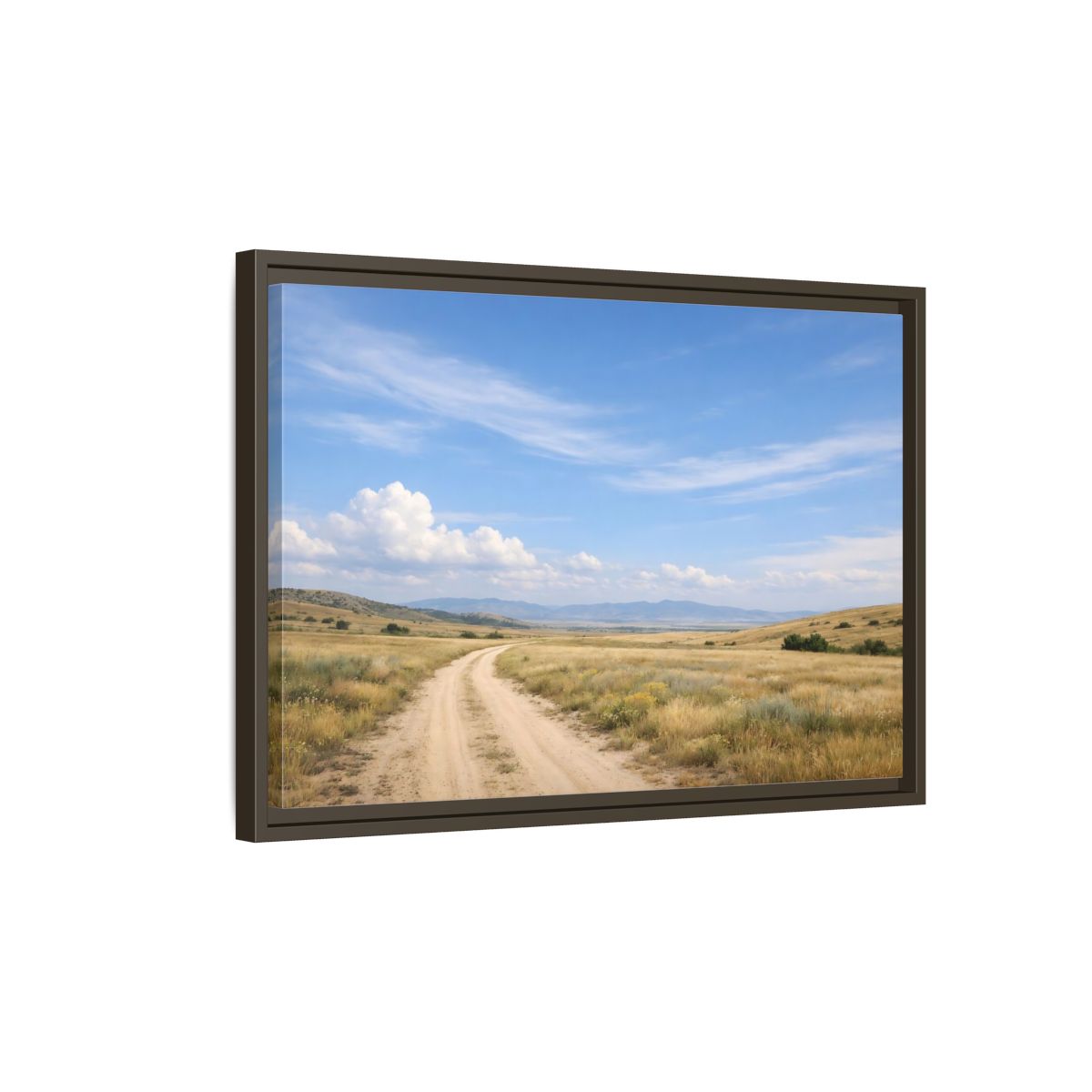 Side Mockup 2. Nature Dirt Road Blue Sky Landscape shown as stretched canvas wall art