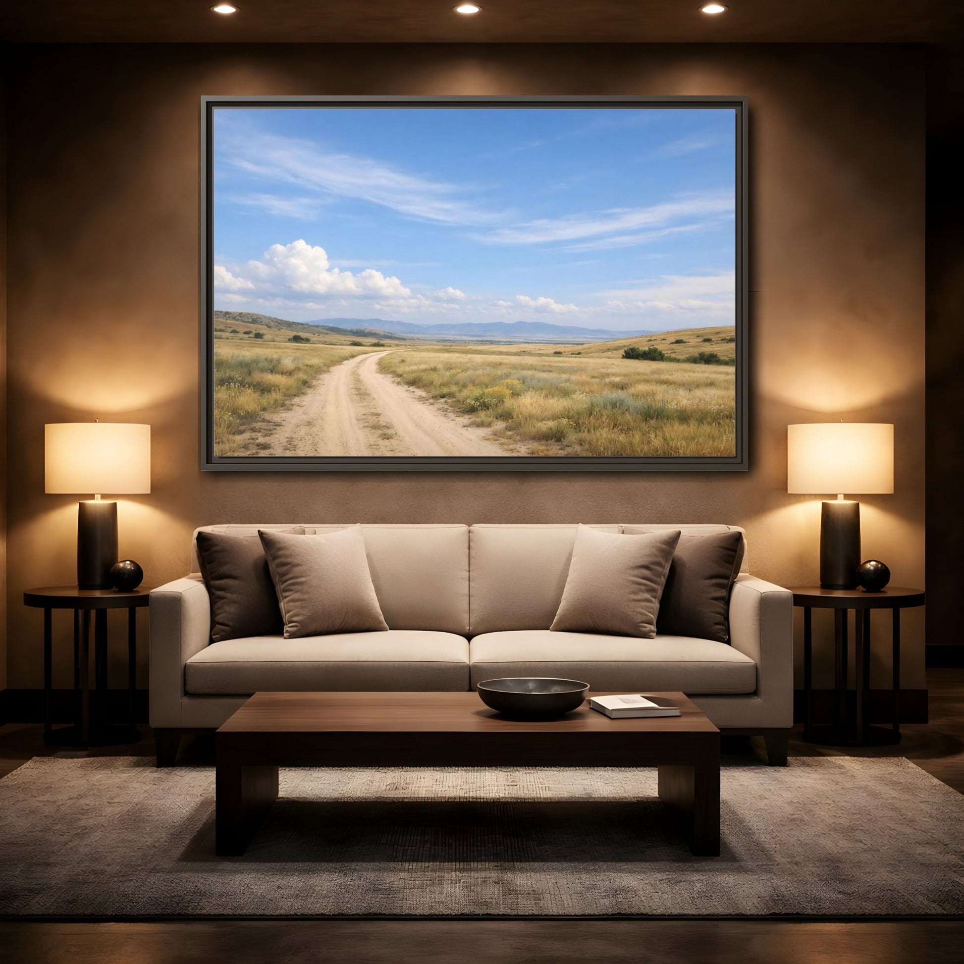 Mockup 2. Nature Dirt Road Blue Sky Landscape shown as stretched canvas wall art