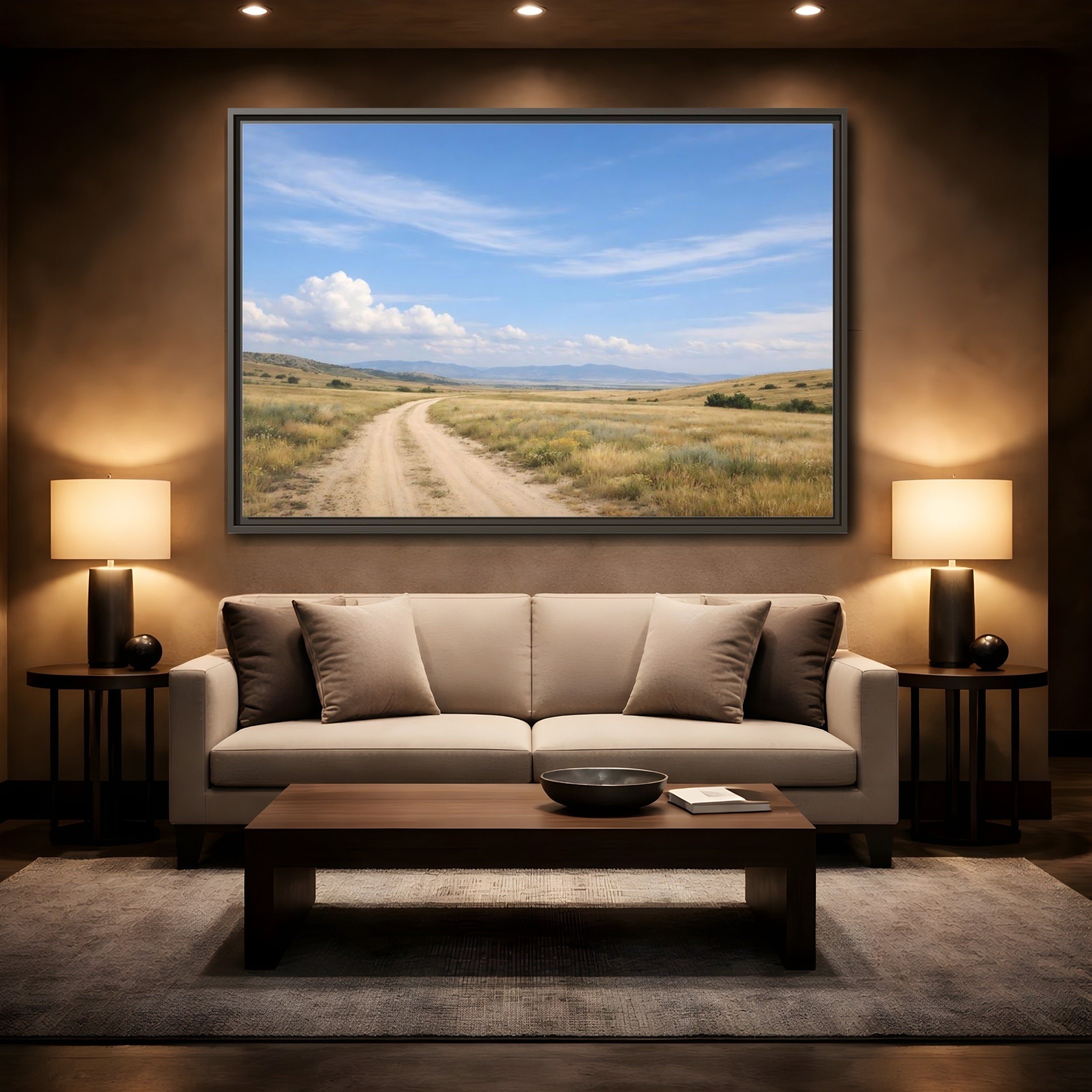 Mockup 2. Nature Dirt Road Blue Sky Landscape shown as stretched canvas wall art