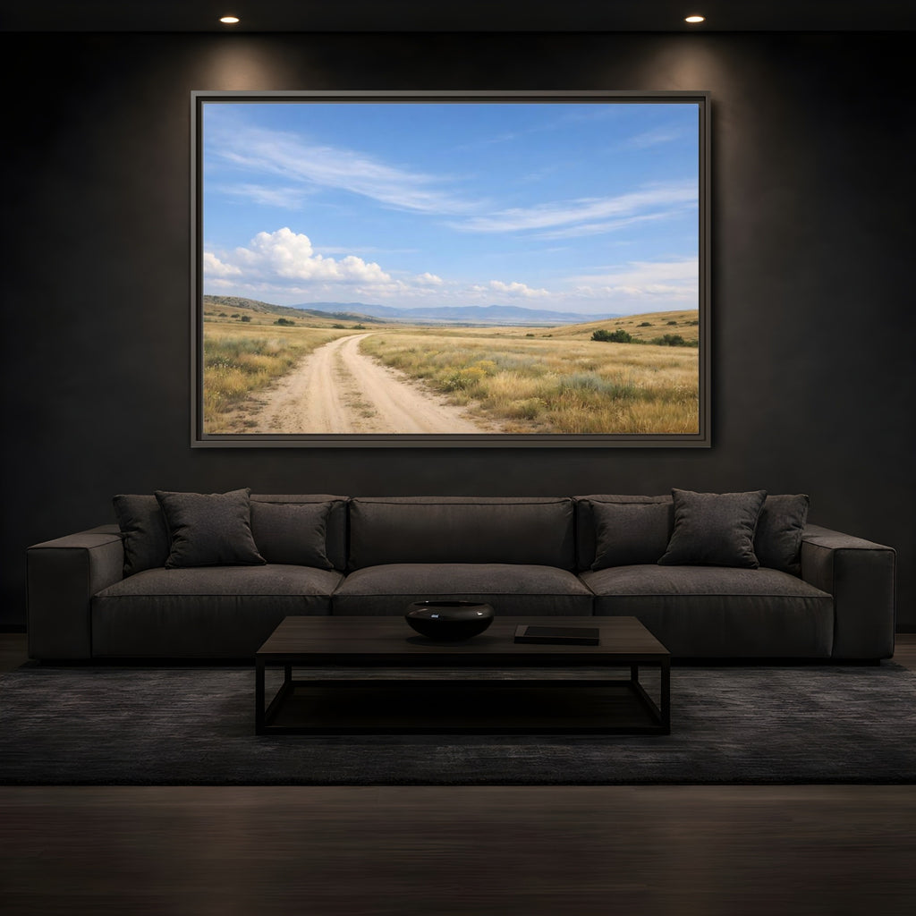 Mockup 3. Nature Dirt Road Blue Sky Landscape shown as stretched canvas wall art