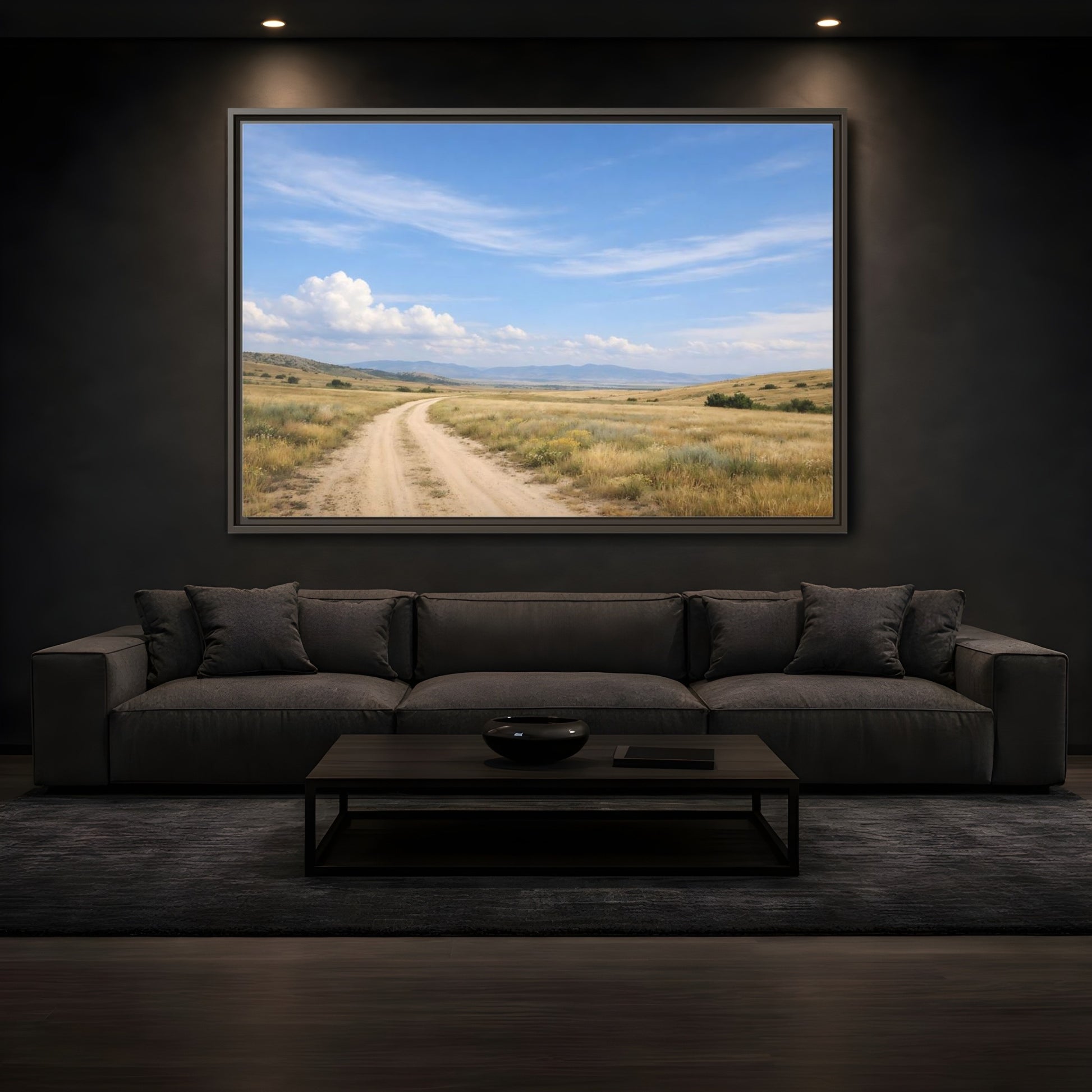 Mockup 3. Nature Dirt Road Blue Sky Landscape shown as stretched canvas wall art