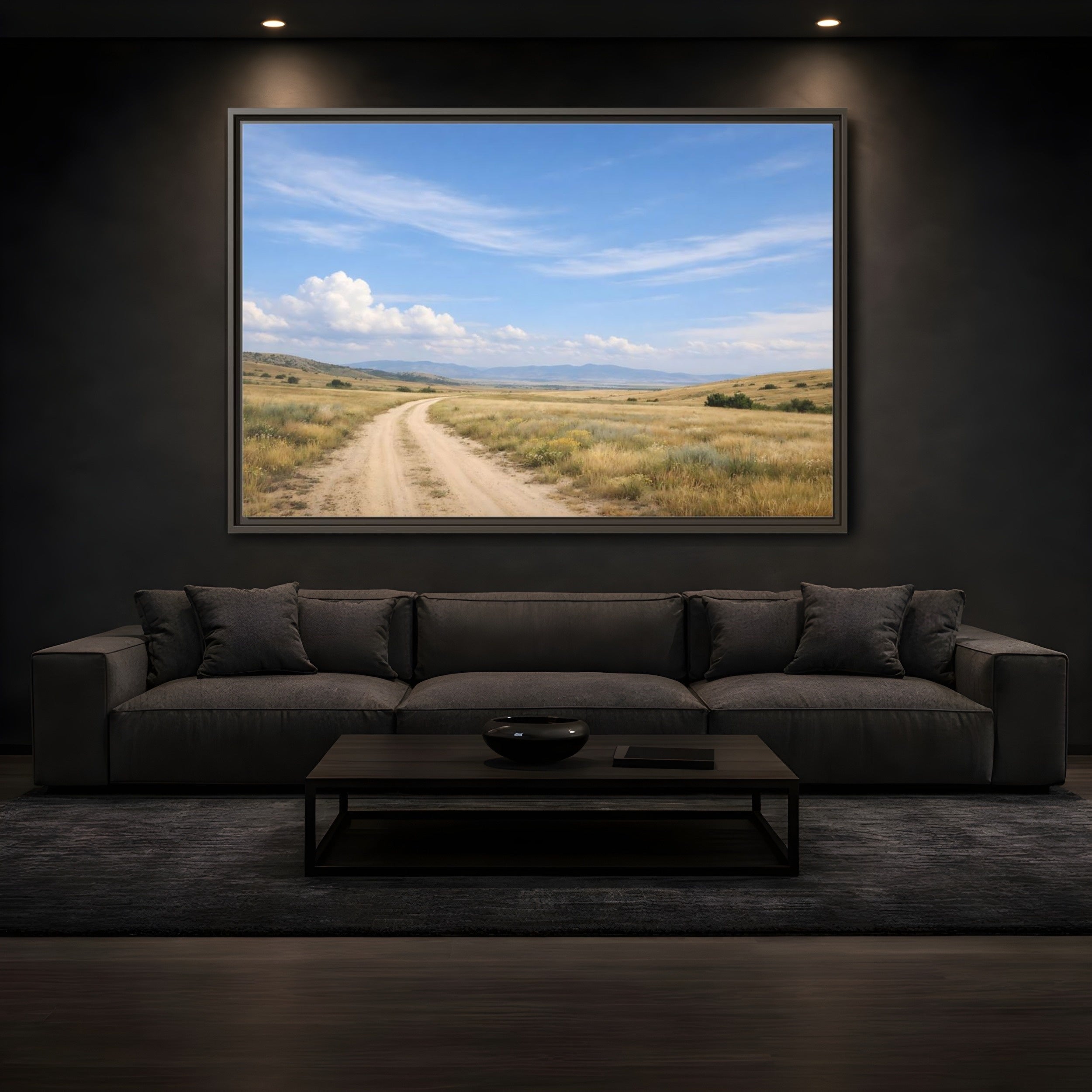 Mockup 3. Nature Dirt Road Blue Sky Landscape shown as stretched canvas wall art