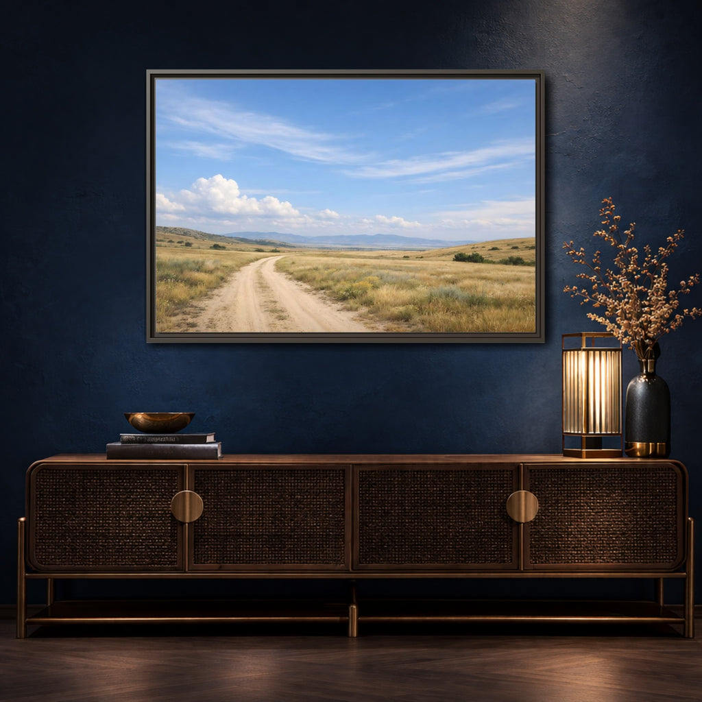 Mockup 4. Nature Dirt Road Blue Sky Landscape shown as stretched canvas wall art