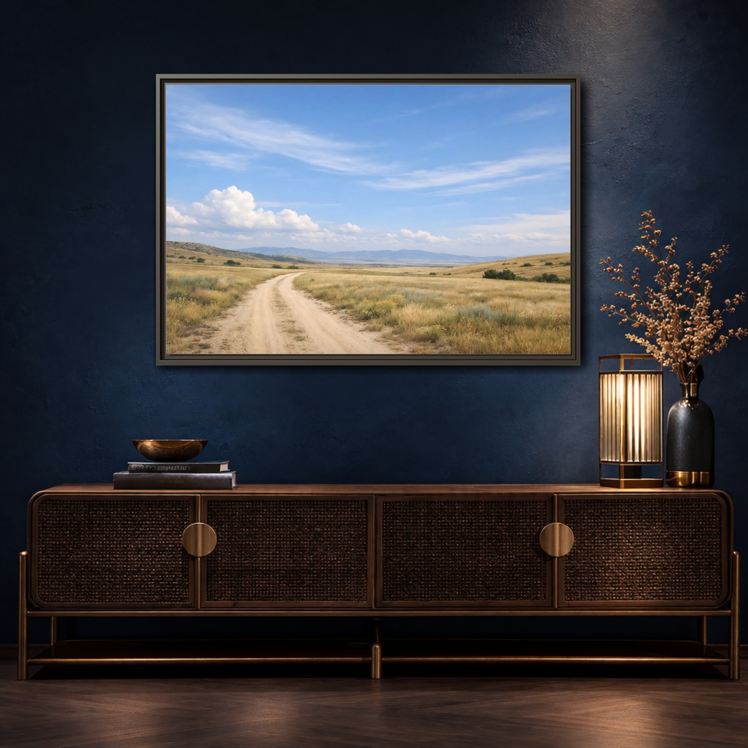 Mockup 4. Nature Dirt Road Blue Sky Landscape shown as stretched canvas wall art