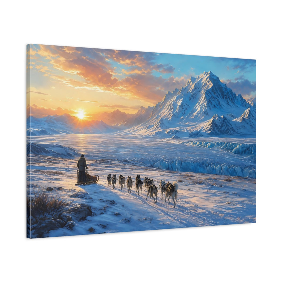 Main Mockup. Nature Dog Sledding Arctic Sunset shown as stretched canvas wall art