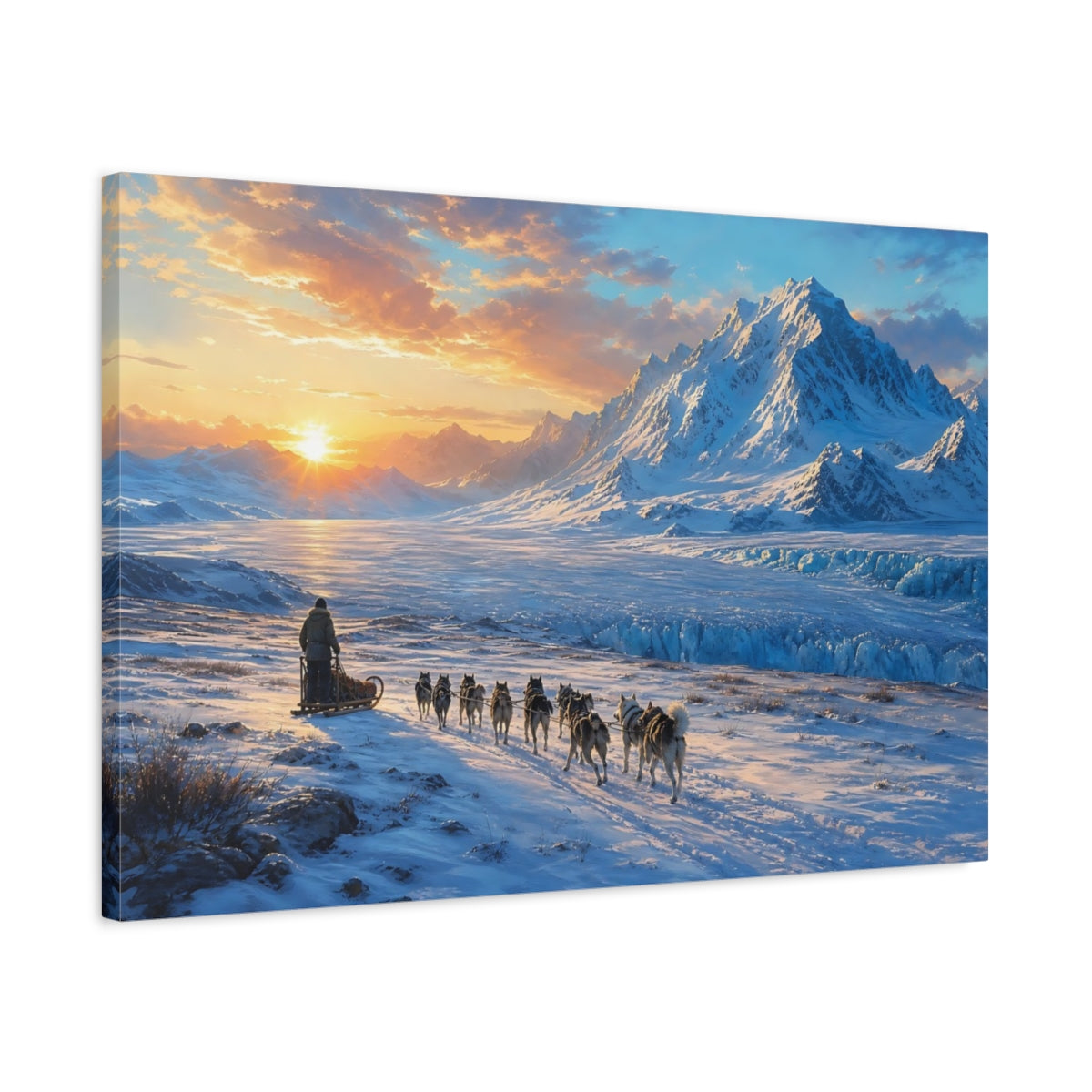 Side Mockup 2. Nature Dog Sledding Arctic Sunset shown as stretched canvas wall art