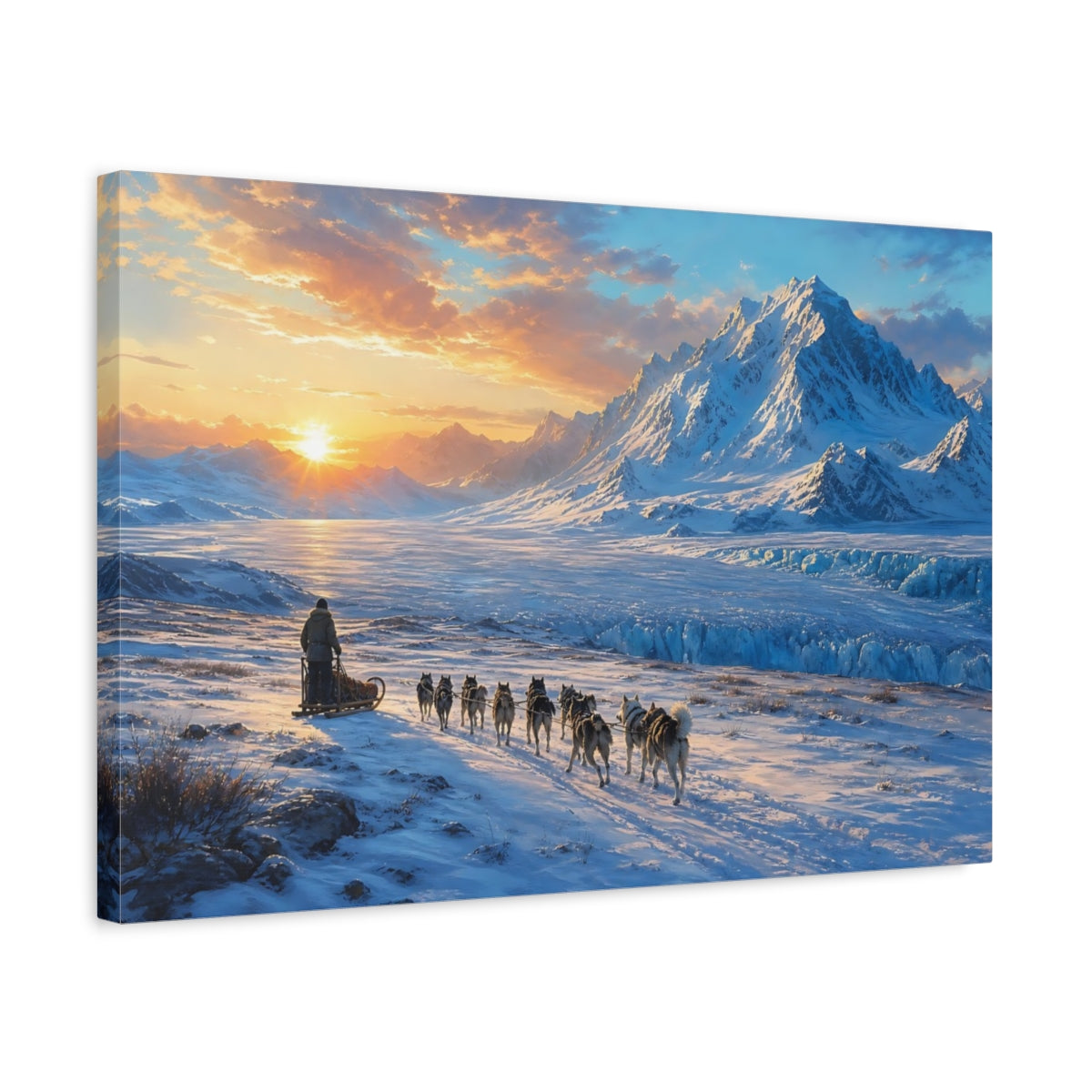 Side Mockup 3. Nature Dog Sledding Arctic Sunset shown as stretched canvas wall art