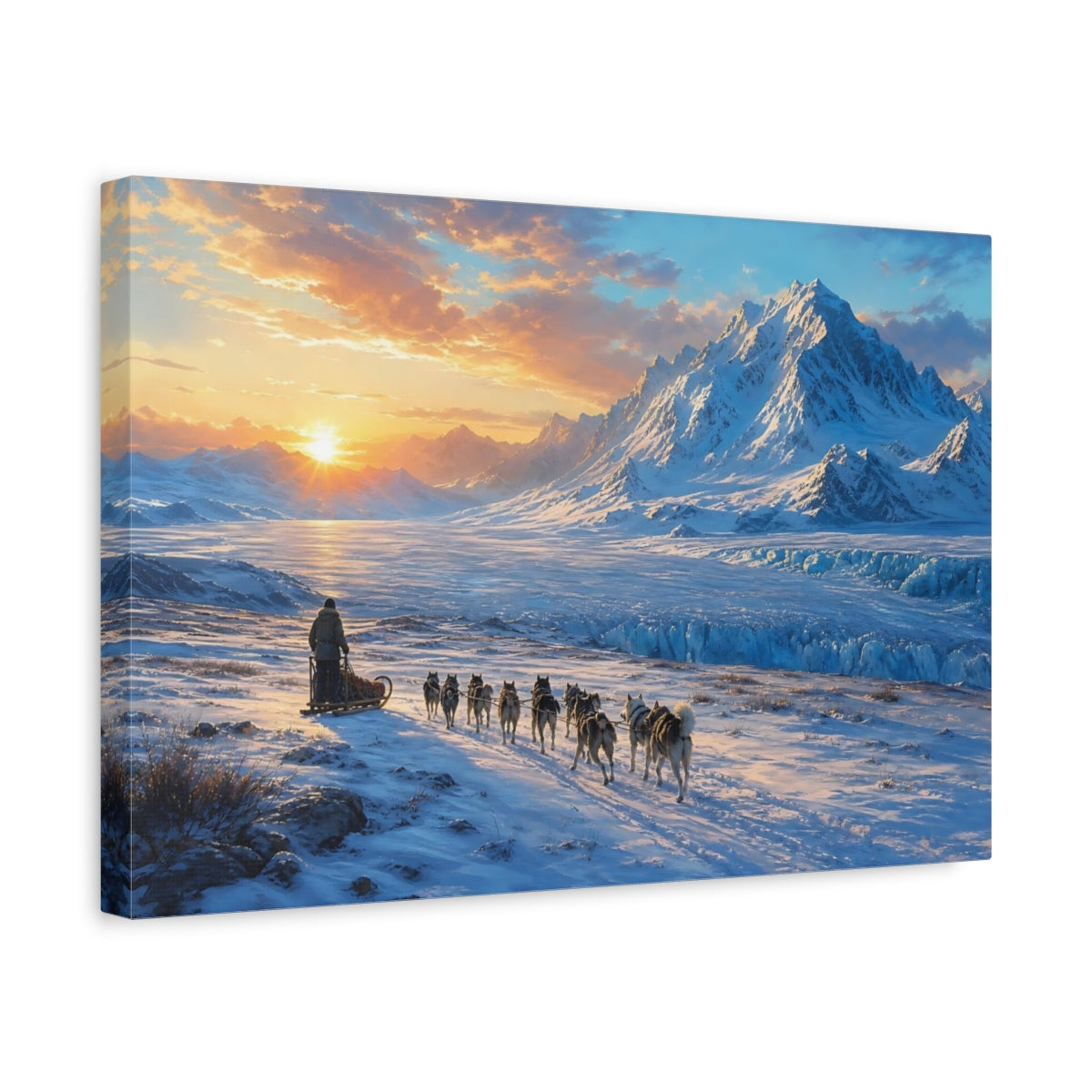 Side Mockup 4. Nature Dog Sledding Arctic Sunset shown as stretched canvas wall art