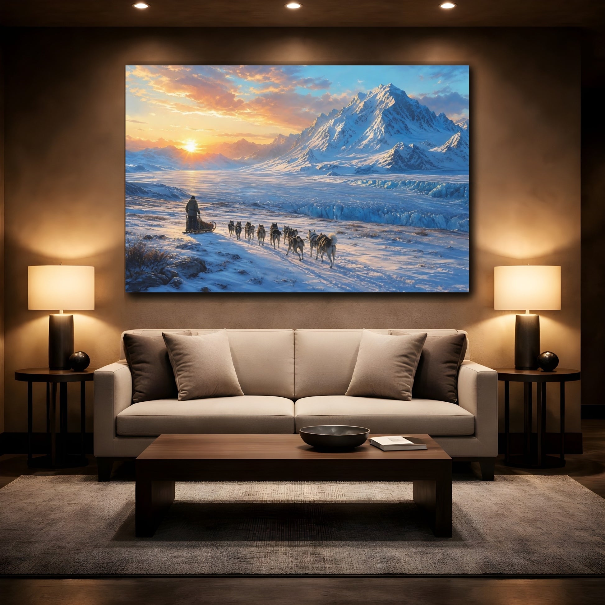 Mockup 2. Nature Dog Sledding Arctic Sunset shown as stretched canvas wall art