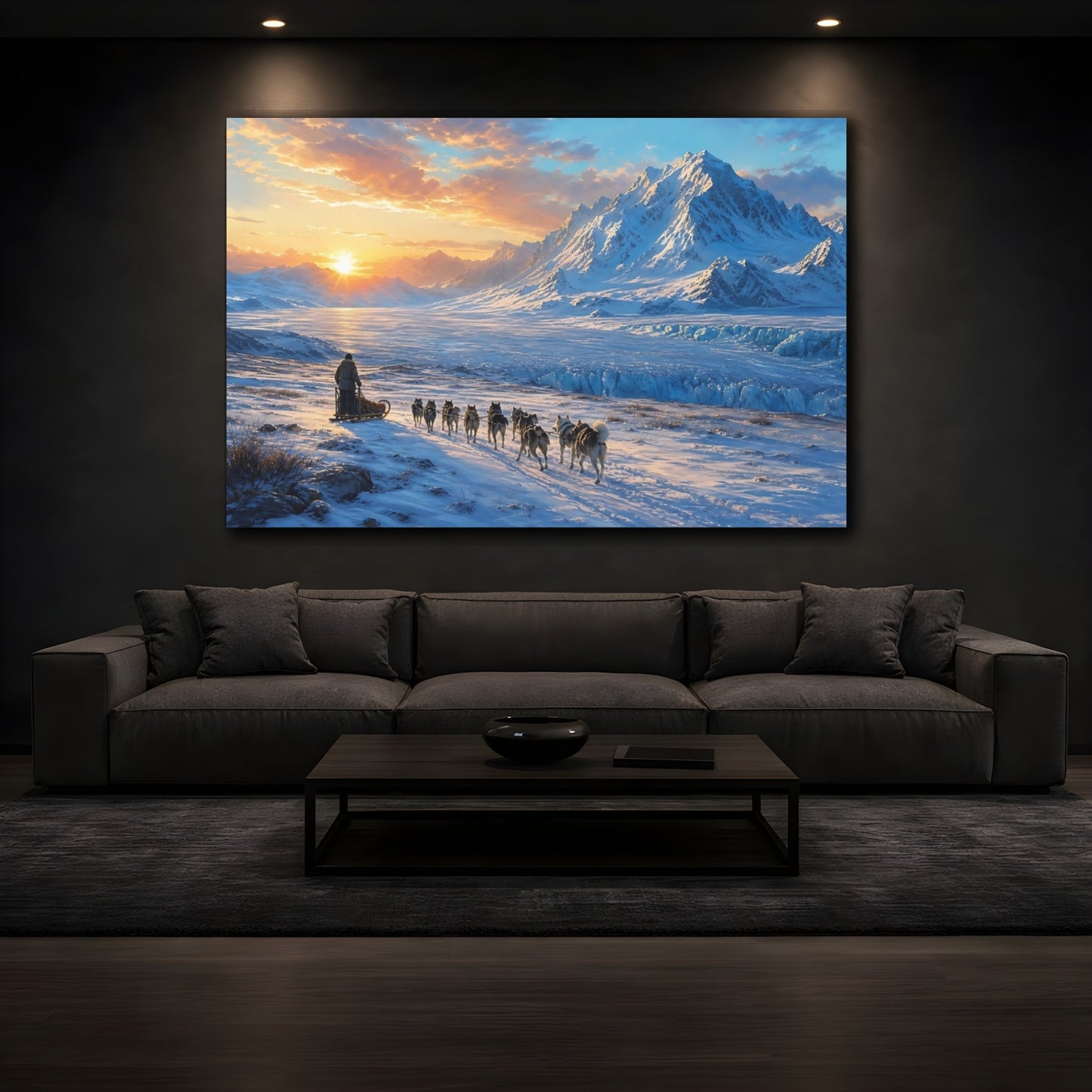 Mockup 3. Nature Dog Sledding Arctic Sunset shown as stretched canvas wall art