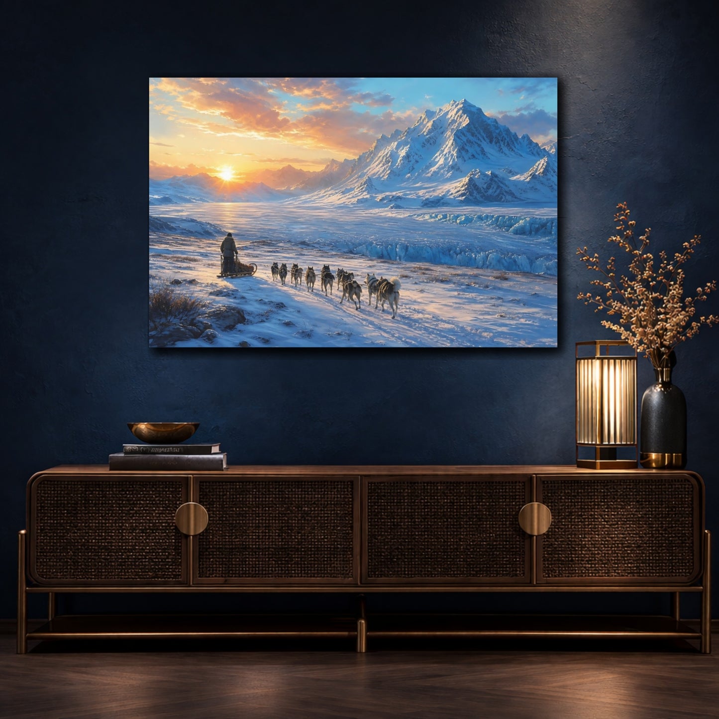 Mockup 4. Nature Dog Sledding Arctic Sunset shown as stretched canvas wall art