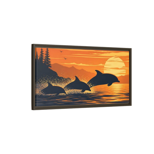 Main Mockup. Nature Dolphins Orange And Blue shown as stretched canvas wall art