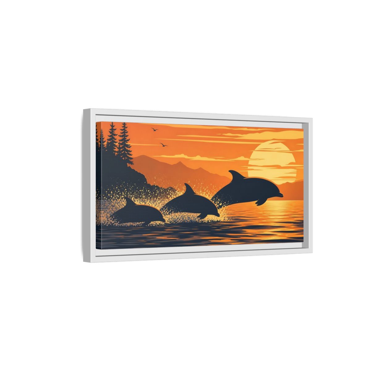 Side Mockup 6. Nature Dolphins Orange And Blue shown as stretched canvas wall art