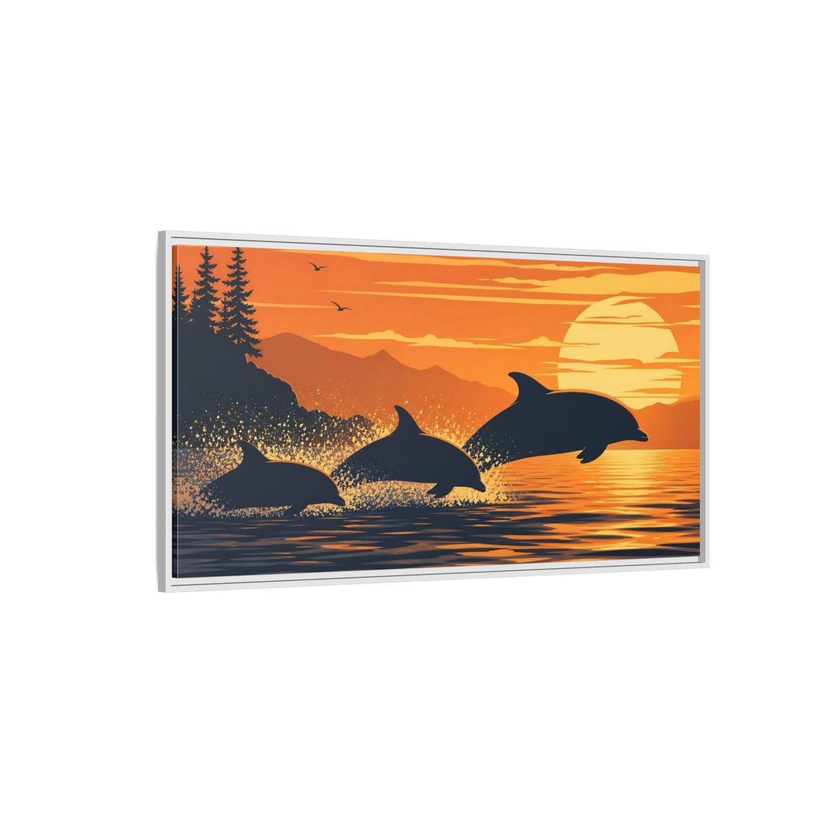 Side Mockup 3. Nature Dolphins Orange And Blue shown as stretched canvas wall art